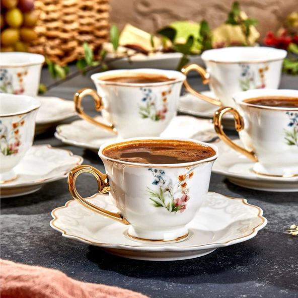 Valeria Çiçekli 6'lı Kahve Fincanı - Beyaz / Sarı - 3