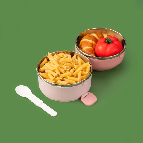 Yuvarlak 2 Katlı Çatal ve Kaşıklı Yemek Taşıma Kabı - Pembe - 850 ml - 2