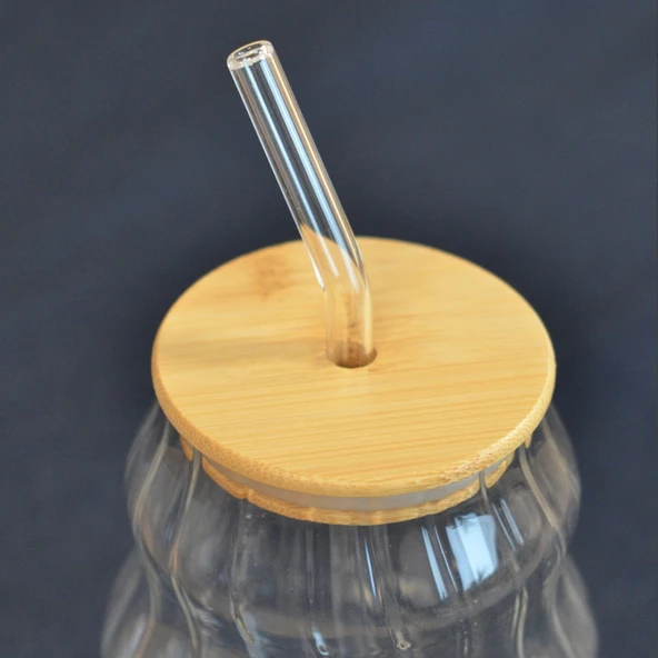 Bambu Kapaklı Pipetli Çizgili Bardak - Açık Kahverengi / Şeffaf - 450 ml - 3
