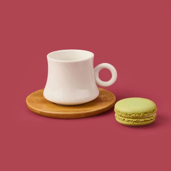 Bambu Tabaklı Dar Fincan Seti - Açık Kahverengi / Beyaz - 100 ml - 2