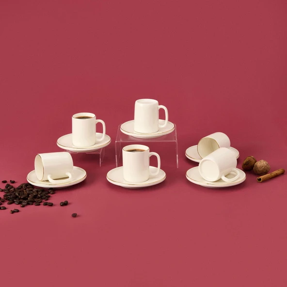 Porselen 12 Parça Altın Yaldızlı Kahve Fincan Seti - Beyaz