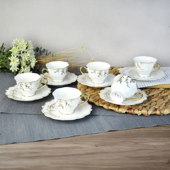Valeria Porselen 6'lı Kahve Fincanı - Beyaz / Altın