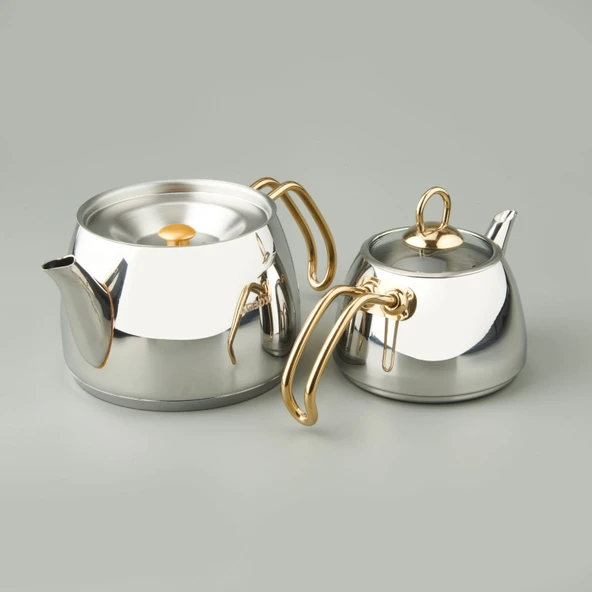 Aquamarine Special Çelik Çaydanlık - Gri / Altın - 2,1 lt + 1 lt - 2