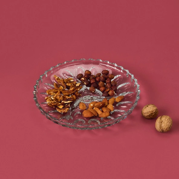 Glass 3 Bölmeli Cam Kahvaltı Sunum Tabağı - Şeffaf - 22 cm