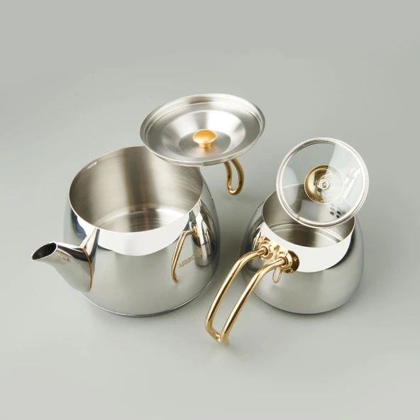 Aquamarine Special Çelik Çaydanlık - Gri / Altın - 2,1 lt + 1 lt - 3