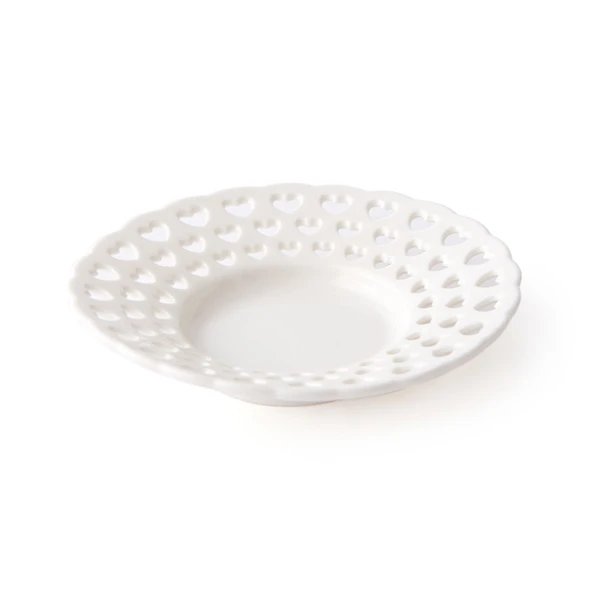 Kalp Motifli Çay Tabağı - Beyaz - 11 cm