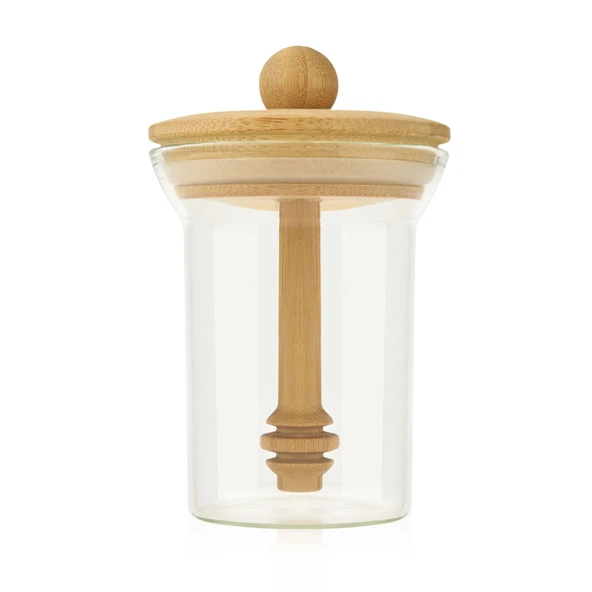 Bambu Kaşıklı Bal Kavanozu - Şeffaf - 14,5 cm - 2