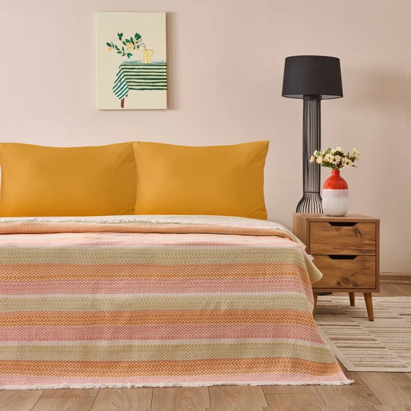 Soft Vita Çift Kişilik Pike - Ekru / Turuncu - 200x230 cm