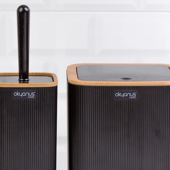 Home Çizgili 2'li Ahşap Desenli Banyo Aksesuar Seti - Siyah - 3