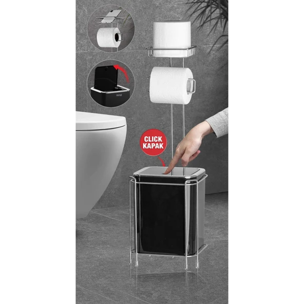 Yedekli Wc Kağıtlığı ve Kare Çöp Kovası Seti - Siyah / Krom