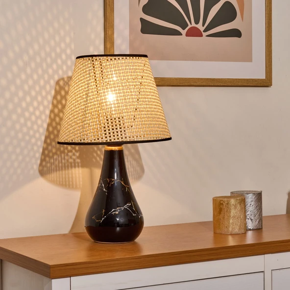 Luce Konik Seramik Abajur - Siyah / Krem - 37x20x20 cm