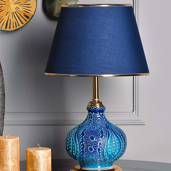 Light Patara Çini Detaylı Seramik Abajur - Mavi Şapka / Gold Ayak - 2