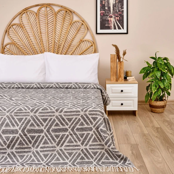Yün Rozet Tek Kişilik Battaniye - Gri - 150x200 cm
