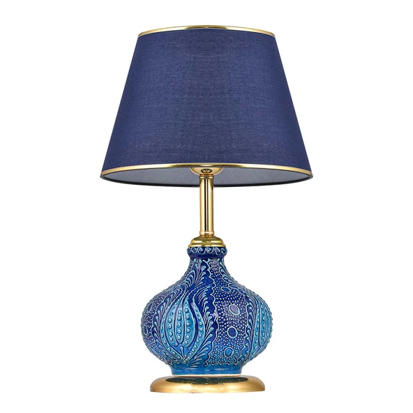 Light Patara Çini Detaylı Seramik Abajur - Mavi Şapka / Gold Ayak - 3