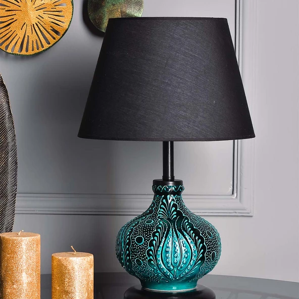 Light Patara Çini Detaylı Seramik Abajur - Siyah / Turkuaz