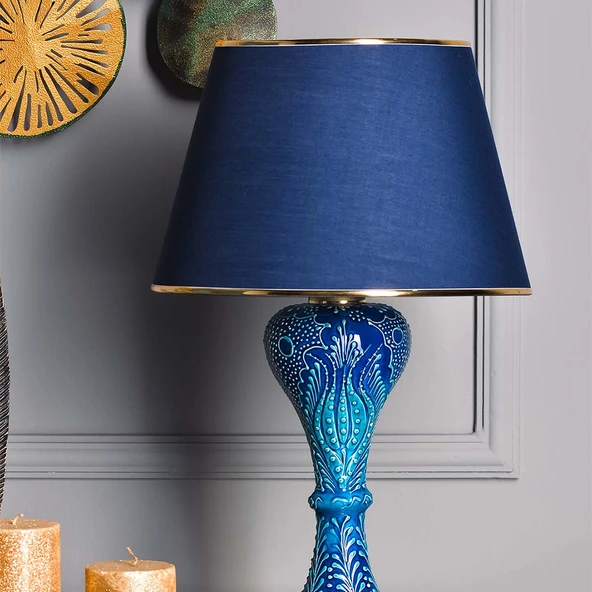 Light Gordion Çini Detaylı Seramik Abajur - Mavi Şapka / Gold Ayak