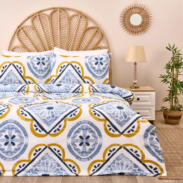 Soft Lile Çift Kişilik Nevresim Takımı - Ekru / Mavi