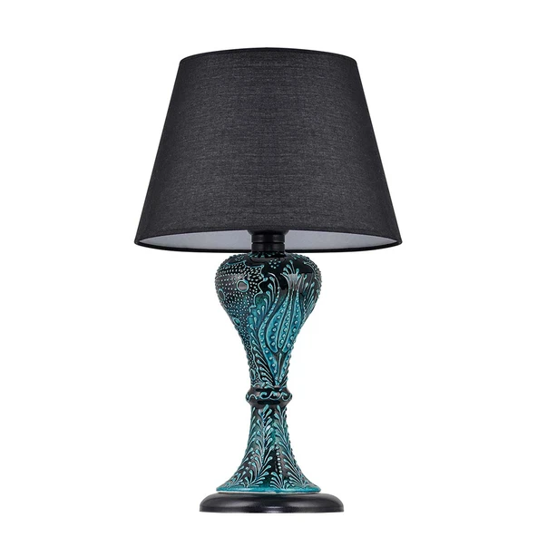 Light Gordion Çini Detaylı Seramik Abajur - Siyah Şapka / Siyah Ayak - 2