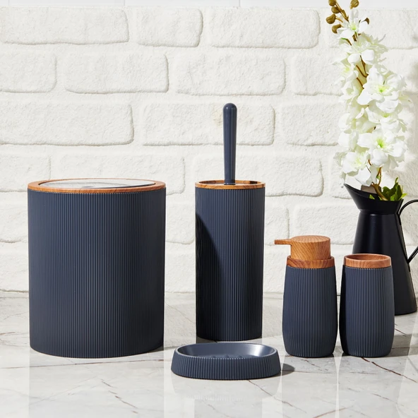 Bath Ahşap Desenli 5’li Banyo Seti - Antrasit