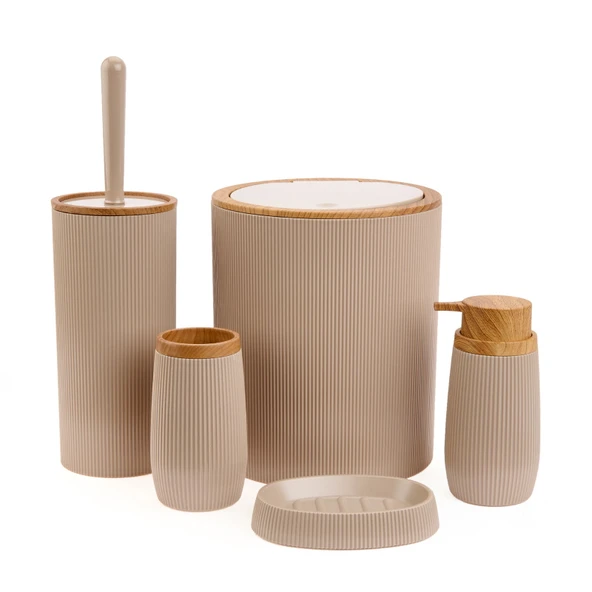 Bath Ahşap Desenli 5’li Banyo Seti - Bej - 2