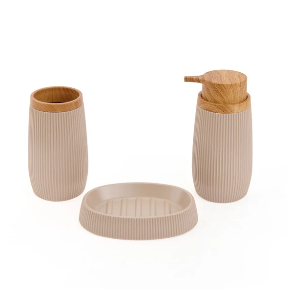 Bath Ahşap Desenli 5’li Banyo Seti - Bej - 3