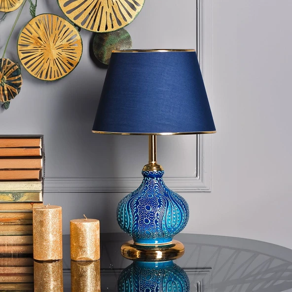Light Patara Çini Detaylı Seramik Abajur - Mavi Şapka / Gold Ayak