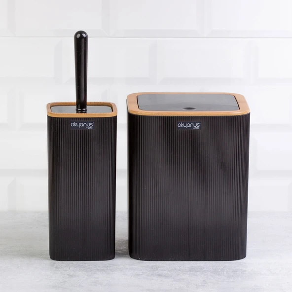 Home Çizgili 2'li Ahşap Desenli Banyo Aksesuar Seti - Siyah