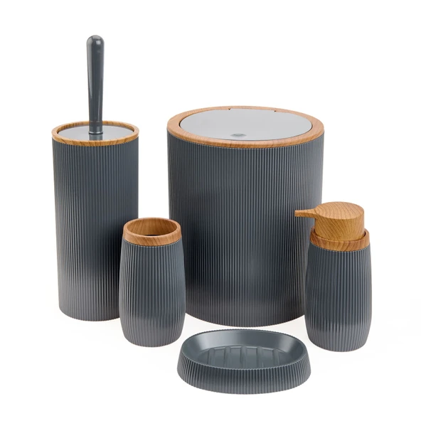 Bath Ahşap Desenli 5’li Banyo Seti - Antrasit - 2