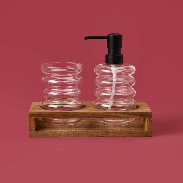 Cam 2'li Halka Sıvı Sabunluk Seti - Şeffaf / Gri / Kahverengi
