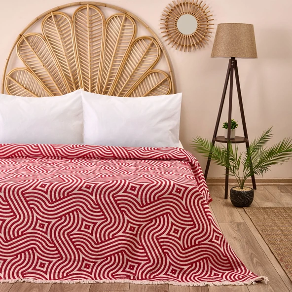 Soft Geometrik Desenli Tek Kişilik Yatak Örtüsü - Kırmızı - 160x225 cm