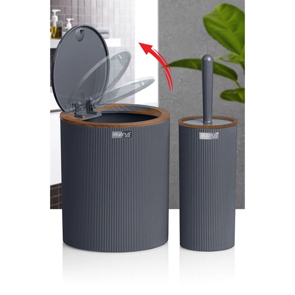 Home Ahşap Desenli Çizgili Yuvarlak 2'li Banyo Aksesuar Seti - Antrasit - 2