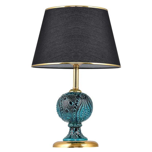 Light Sardes Çini Detaylı Seramik Abajur - Siyah Şapka / Gold Ayak - 2