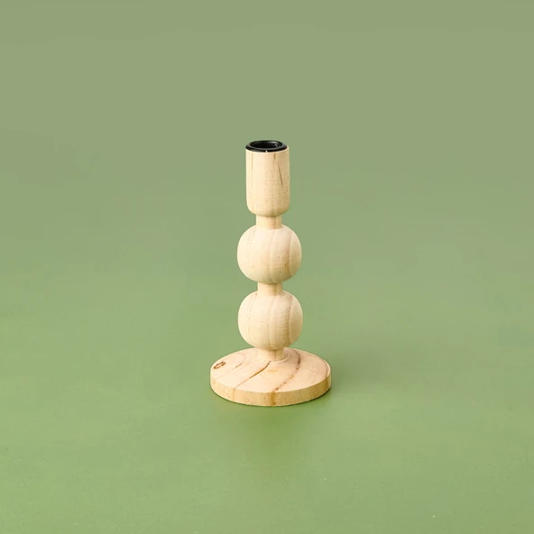 Konik Ahşap Şamdan - Krem - 9,5x9,5x17,5 cm - 2