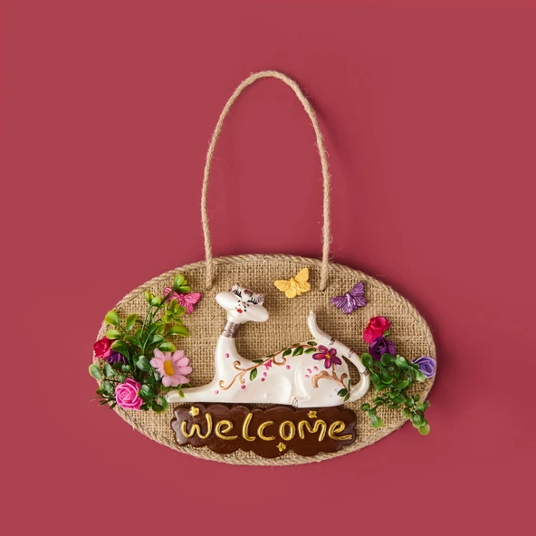 Dekoratif Welcome Cat Kapı Süsü - Renkli - 26x16 cm