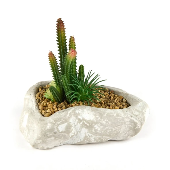 Beton Asimetrik Saksılı Yapay Kaktüs - Gri - 16x6x19 cm - 3