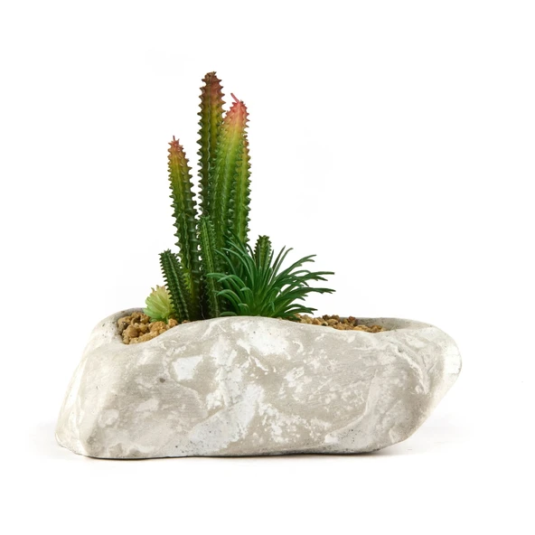 Beton Asimetrik Saksılı Yapay Kaktüs - Gri - 16x6x19 cm - 2