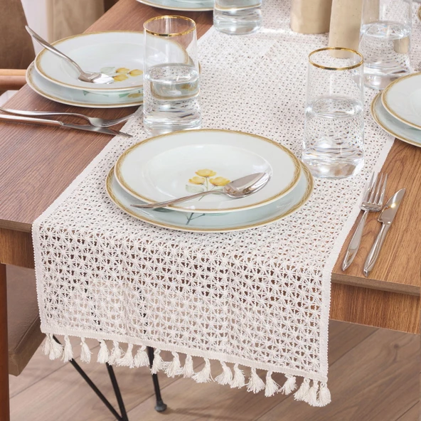 Soft Dantel Örgü Runner - Bej - 35x145 cm