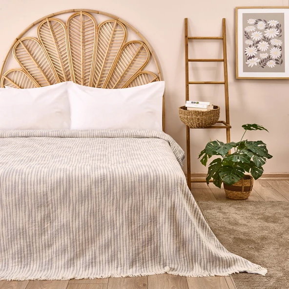 Soft Çift Kişilik Çizgili Yatak Örtüsü - Gri - 225x250 cm ürün görseli