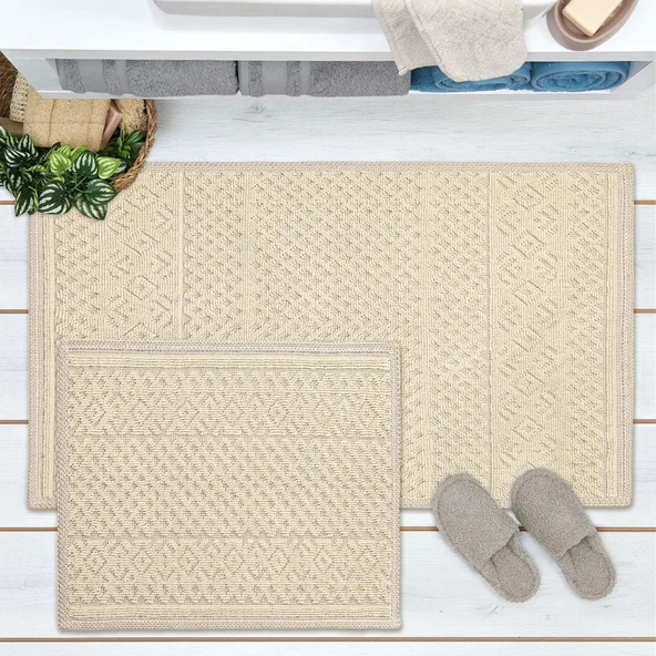 Soft Merry Natürel 2'li Banyo Paspası - Bej - 60x100 cm + 50x60 cm ürün görseli 1