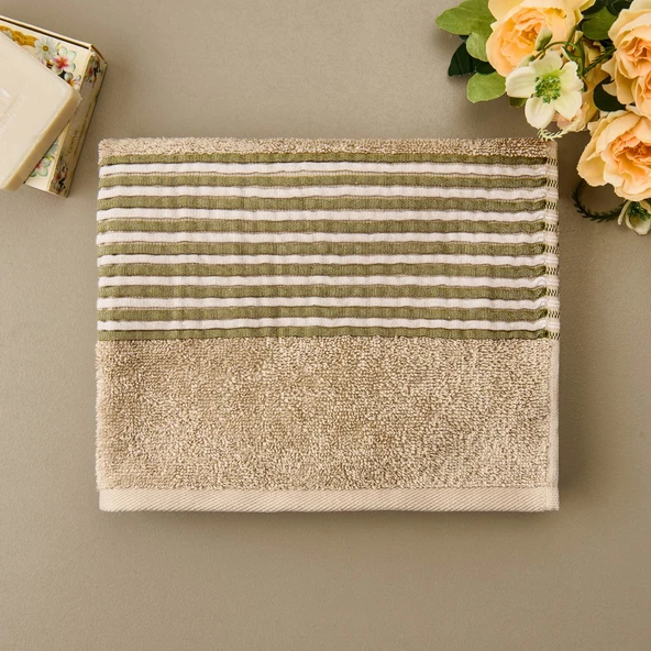 Soft İpliği Boyalı Linen Border Yüz Havlusu - Bej - 50x80 cm
