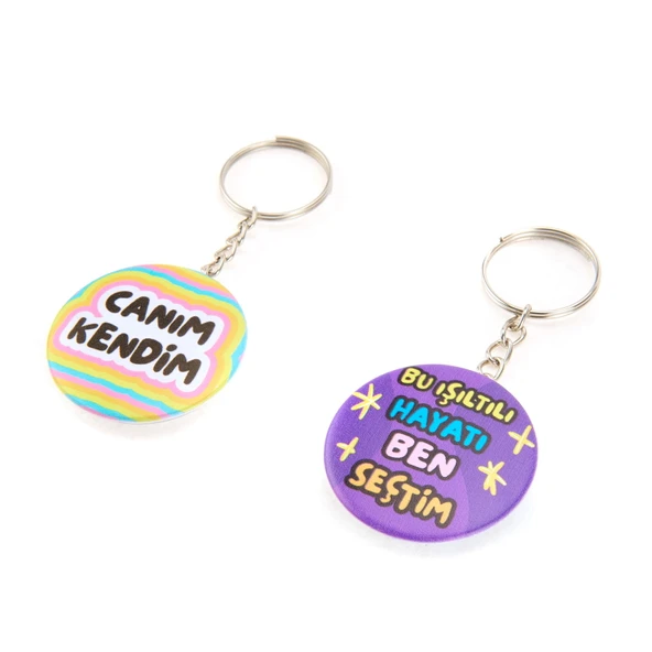 Tasarım Işıltılı Hayat 2'li Metal Anahtarlık Seti - Renkli - 10 cm - 3