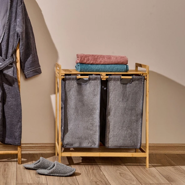 2 Bölmeli Bambu Kirli Çamaşır Sepeti - Gri / Bej - 74 cm