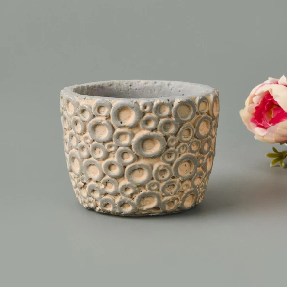 Halka Desenli Beton Saksı - Krem - 7x9 cm - 2
