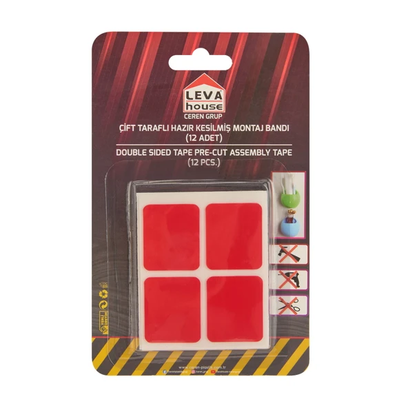 House 12'li Çift Taraflı Hazır Kesilmiş Montaj Bandı - Kırmızı - 4 cm