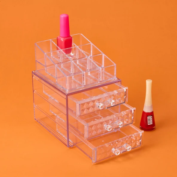 Living Diamond 3 Çekmeceli Takı ve Makyaj Organizeri - Şeffaf - 15x13x18 cm - 2