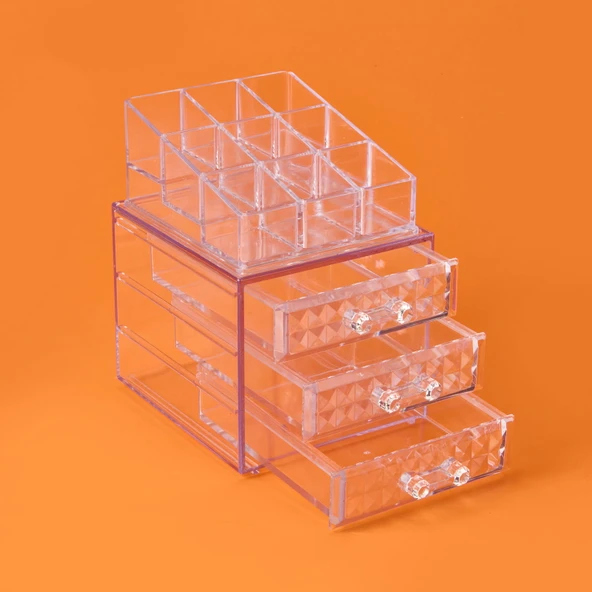 Living Diamond 3 Çekmeceli Takı ve Makyaj Organizeri - Şeffaf - 15x13x18 cm - 3