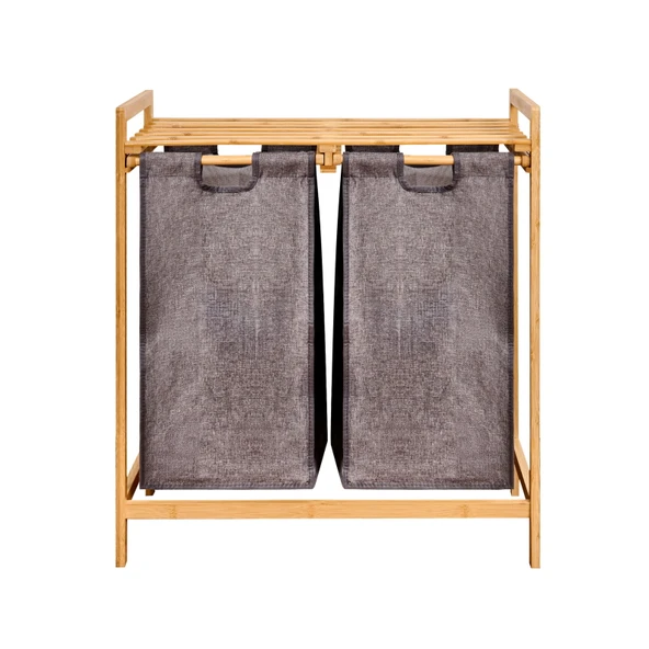 2 Bölmeli Bambu Kirli Çamaşır Sepeti - Gri / Bej - 74 cm - 3