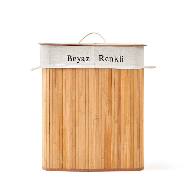 Bambu Natürel Çift Hazneli Çamaşır Sepeti - Bej - 2