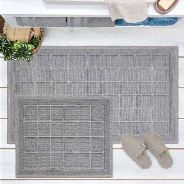 Soft Kare Desen 2'li Banyo Paspası - Gri - 60x100 cm + 50x60 cm