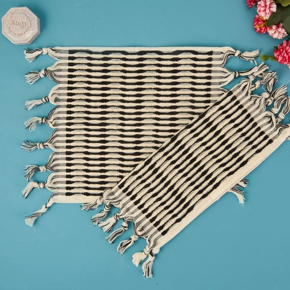 Soft Greta 2'li Havlu Seti - Ekru / Siyah - 30x30 cm